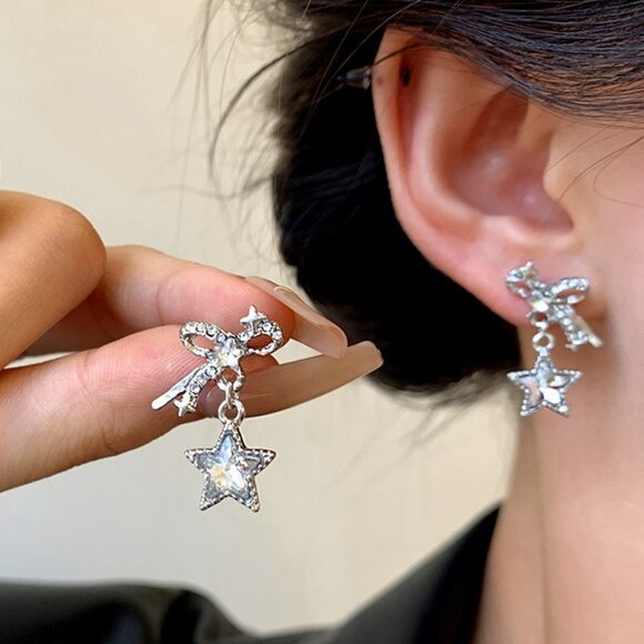 Korean super sparkling star earrings delicate bow earrings light luxury - Picture 2 of 2
